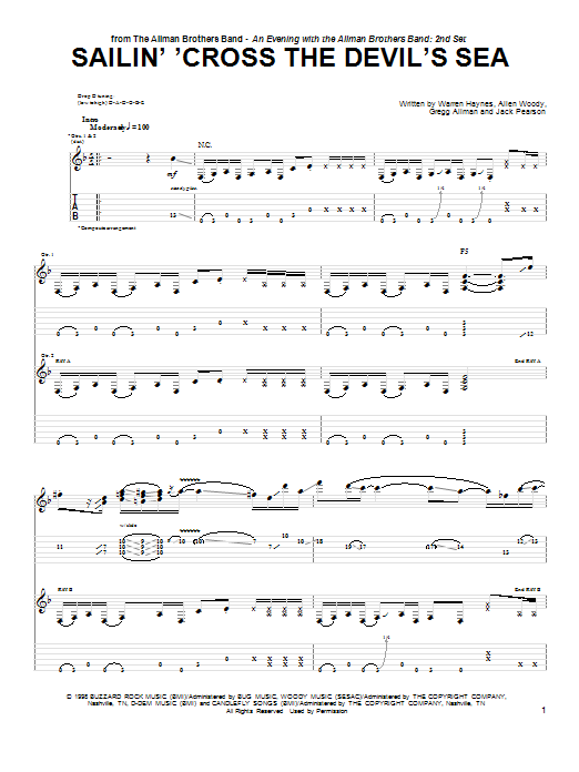 Download The Allman Brothers Band Sailin' 'Cross The Devil's Sea Sheet Music and learn how to play Guitar Tab PDF digital score in minutes