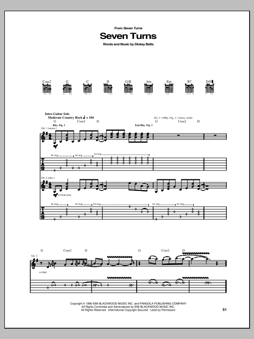 Download The Allman Brothers Band Seven Turns Sheet Music and learn how to play Guitar Tab PDF digital score in minutes