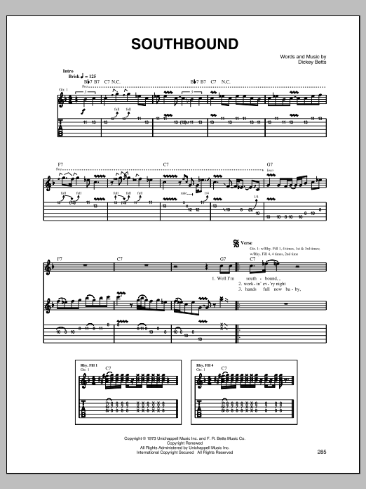 Download Allman Brothers Band Southbound Sheet Music and learn how to play Piano, Vocal & Guitar Chords (Right-Hand Melody) PDF digital score in minutes