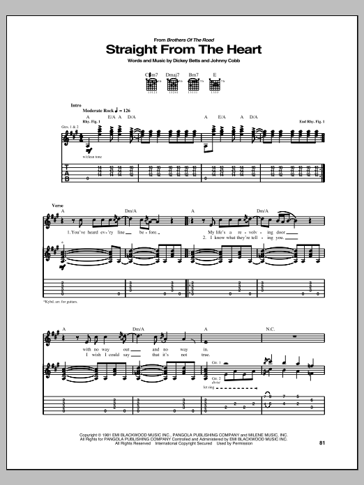 Download The Allman Brothers Band Straight From The Heart Sheet Music and learn how to play Guitar Tab PDF digital score in minutes