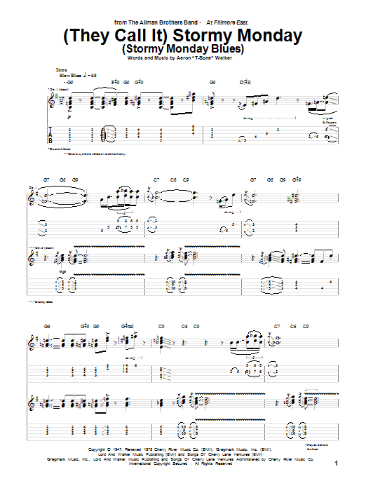 Download Allman Brothers Band (They Call It) Stormy Monday (Stormy Monday Blues) Sheet Music and learn how to play Guitar Tab PDF digital score in minutes