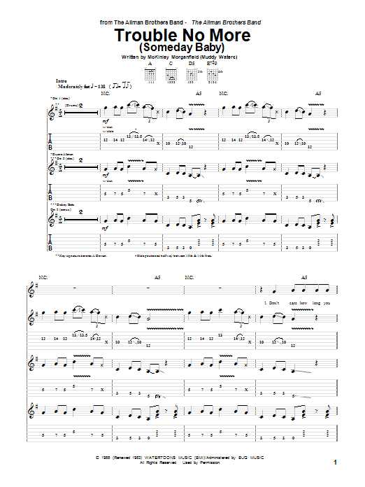Download The Allman Brothers Band Trouble No More (Someday Baby) Sheet Music and learn how to play Guitar Tab PDF digital score in minutes
