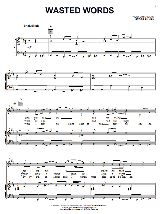 Download The Allman Brothers Band Sheet Music and learn how to play Piano, Vocal & Guitar (Right-Hand Melody) PDF score in minutes