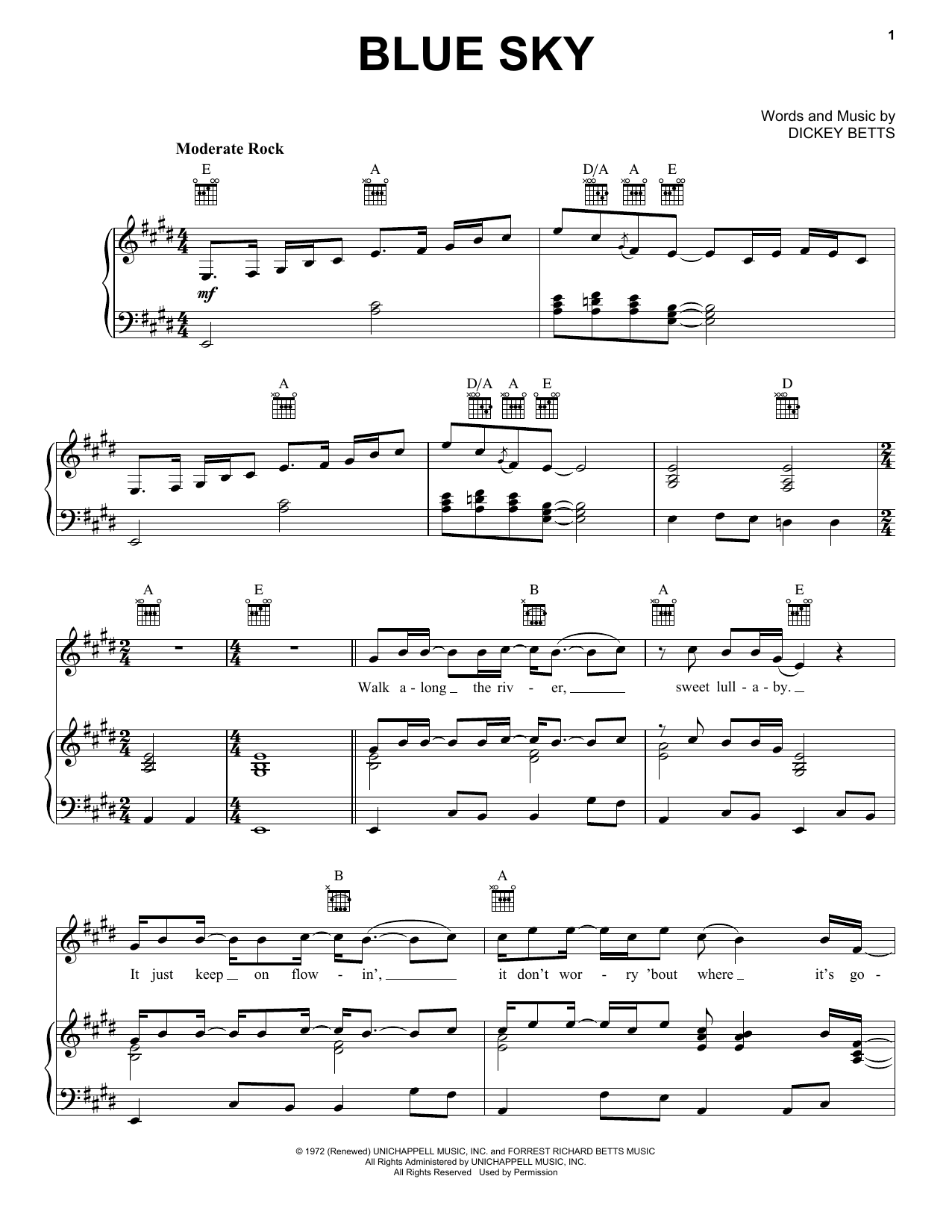 Download Allman Brothers Blue Sky Sheet Music and learn how to play Piano, Vocal & Guitar (Right-Hand Melody) PDF digital score in minutes
