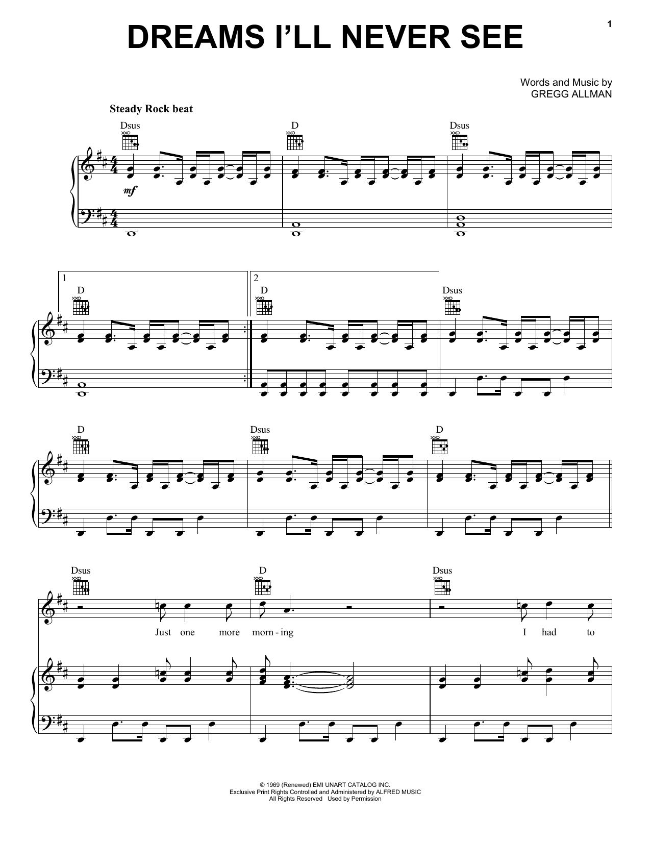 Download The Allman Brothers Band Dreams I'll Never See Sheet Music and learn how to play Piano, Vocal & Guitar (Right-Hand Melody) PDF digital score in minutes