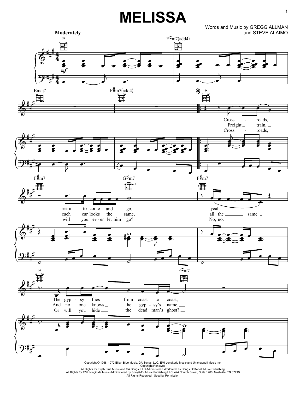 Download The Allman Brothers Band Melissa Sheet Music and learn how to play Piano, Vocal & Guitar (Right-Hand Melody) PDF digital score in minutes