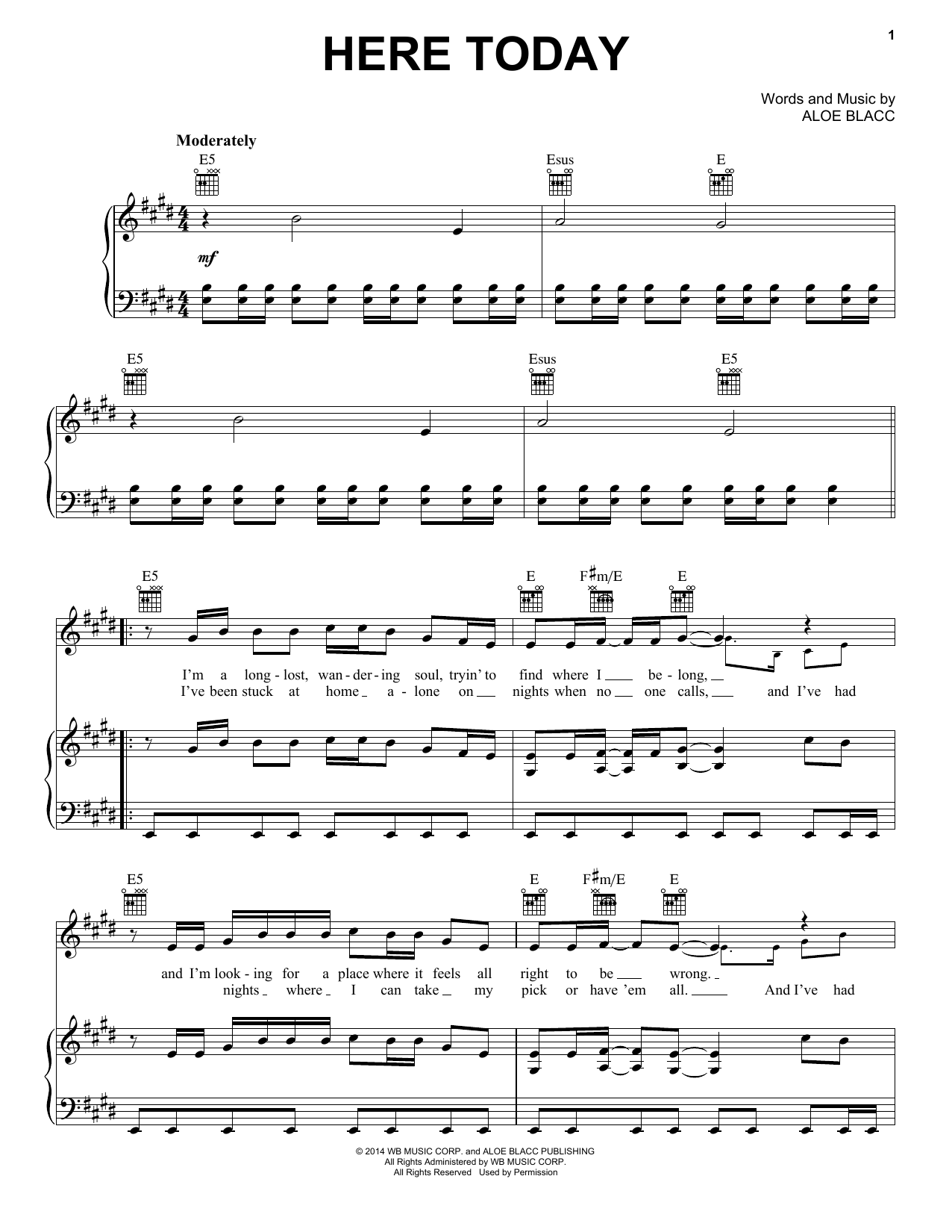 Download Aloe Blacc Here Today Sheet Music and learn how to play Piano, Vocal & Guitar (Right-Hand Melody) PDF digital score in minutes