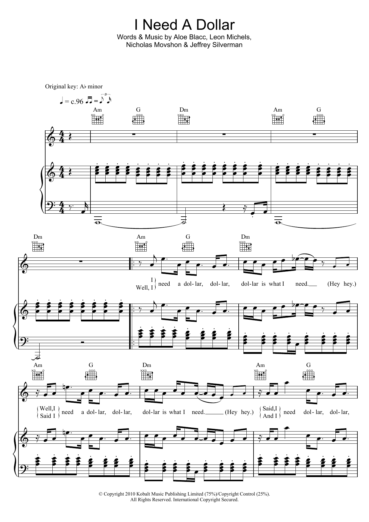 Download Aloe Blacc I Need A Dollar Sheet Music and learn how to play Piano, Vocal & Guitar (Right-Hand Melody) PDF digital score in minutes