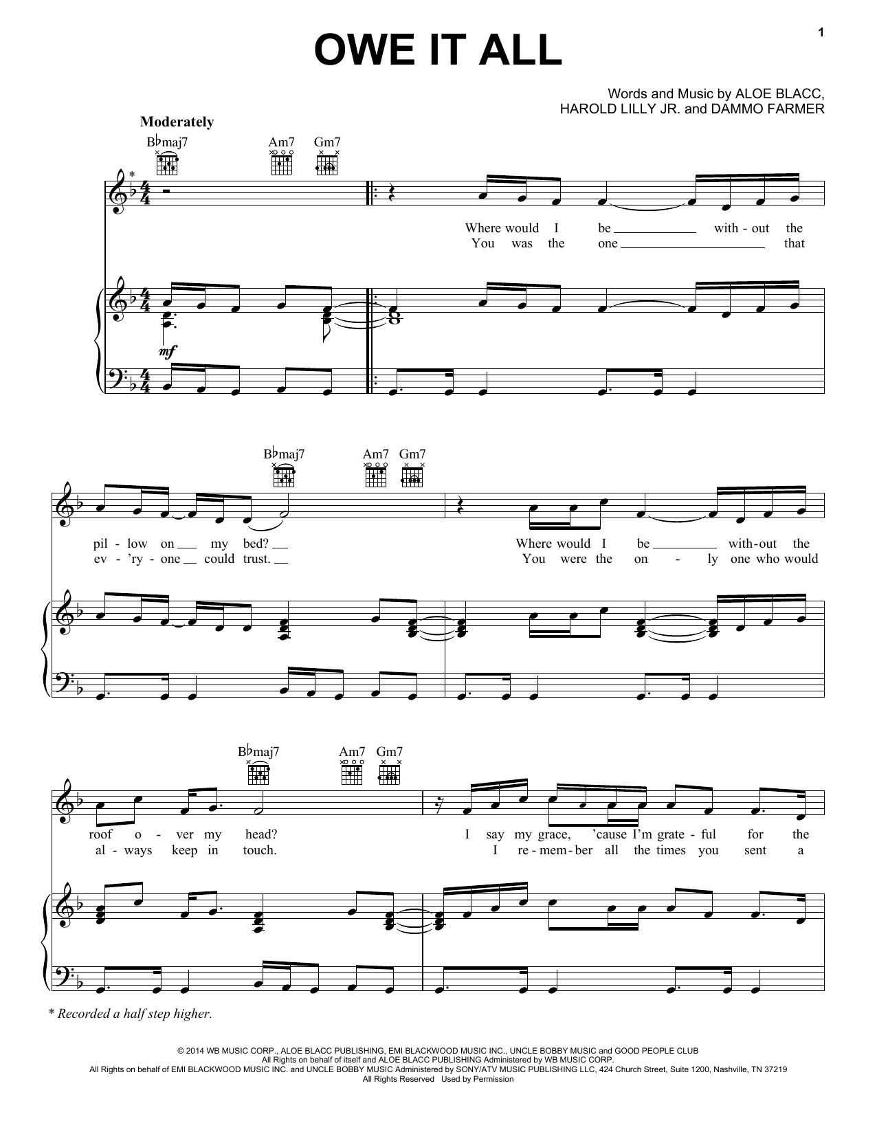 Download Aloe Blacc Owe It All Sheet Music and learn how to play Piano, Vocal & Guitar (Right-Hand Melody) PDF digital score in minutes