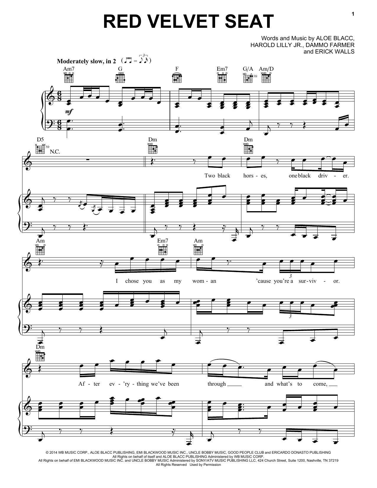 Download Aloe Blacc Red Velvet Seat Sheet Music and learn how to play Piano, Vocal & Guitar (Right-Hand Melody) PDF digital score in minutes