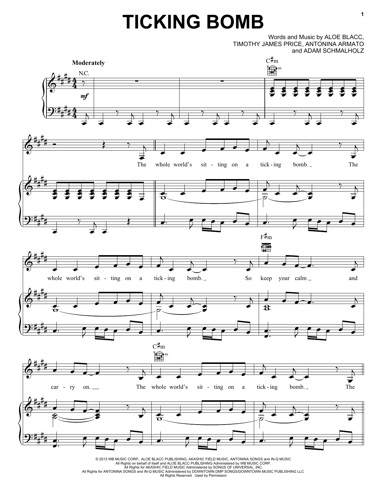 Download Aloe Blacc Ticking Bomb Sheet Music and learn how to play Piano, Vocal & Guitar (Right-Hand Melody) PDF digital score in minutes