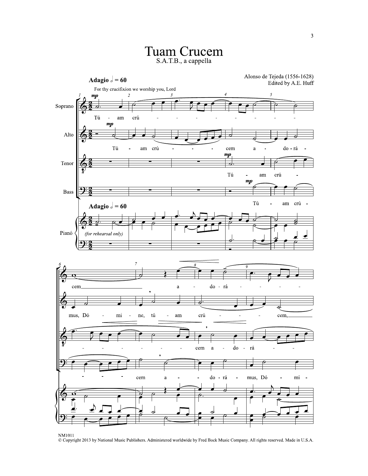 Download Alonso de Tejeda Tuam Crucem (ed. Arthur E. Huff) Sheet Music and learn how to play SATB Choir PDF digital score in minutes