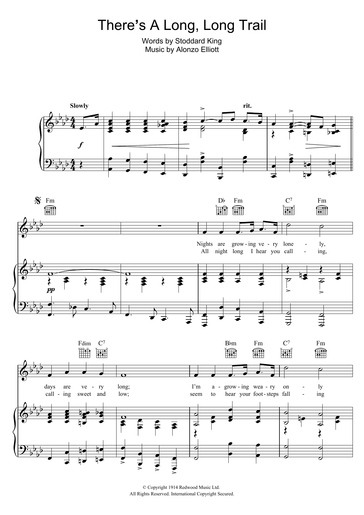 Download Alonzo Elliott There's A Long, Long Trail Sheet Music and learn how to play Piano, Vocal & Guitar (Right-Hand Melody) PDF digital score in minutes