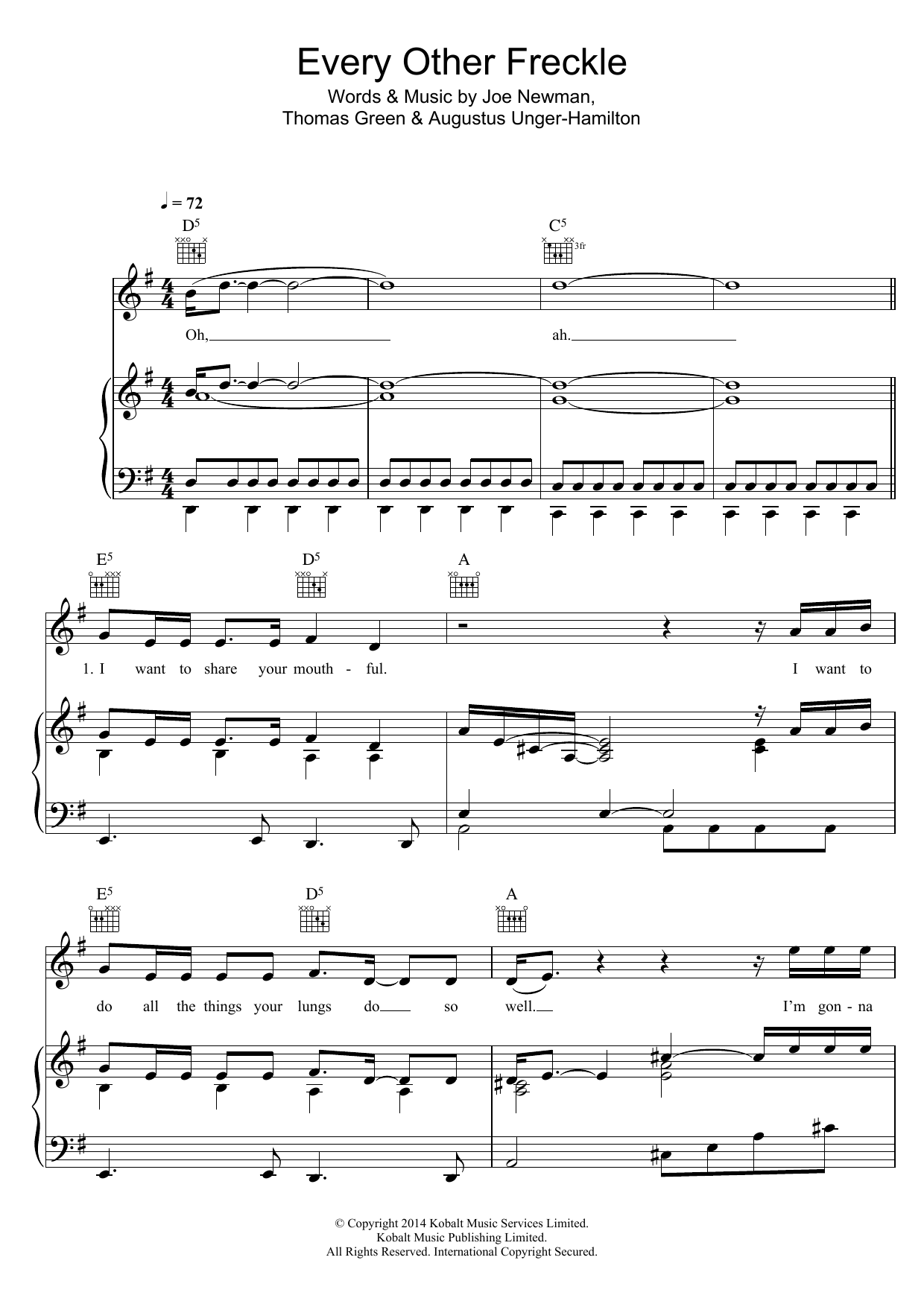 Download Alt-J Every Other Freckle Sheet Music and learn how to play Piano, Vocal & Guitar (Right-Hand Melody) PDF digital score in minutes
