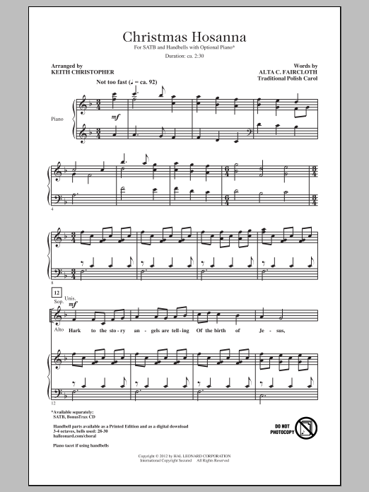 Download Traditional Carol Christmas Hosanna (arr. Keith Christopher) Sheet Music and learn how to play SATB PDF digital score in minutes