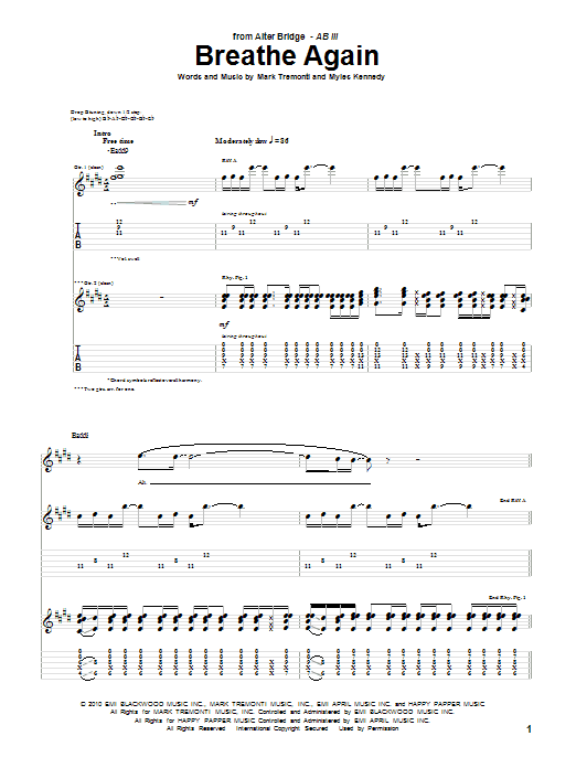 Download Alter Bridge Breathe Again Sheet Music and learn how to play Guitar Tab PDF digital score in minutes