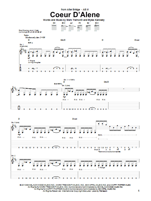 Download Alter Bridge Coeur D'Alene Sheet Music and learn how to play Guitar Tab PDF digital score in minutes