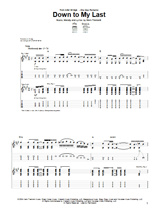 Download Alter Bridge Down To My Last Sheet Music and learn how to play Guitar Tab PDF digital score in minutes