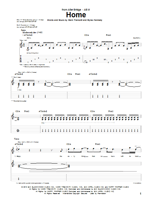 Download Alter Bridge Home Sheet Music and learn how to play Guitar Tab PDF digital score in minutes