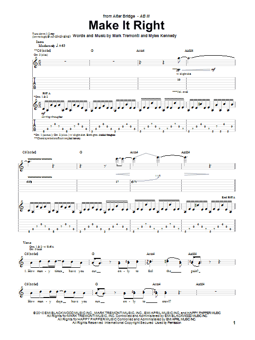 Download Alter Bridge Make It Right Sheet Music and learn how to play Guitar Tab PDF digital score in minutes