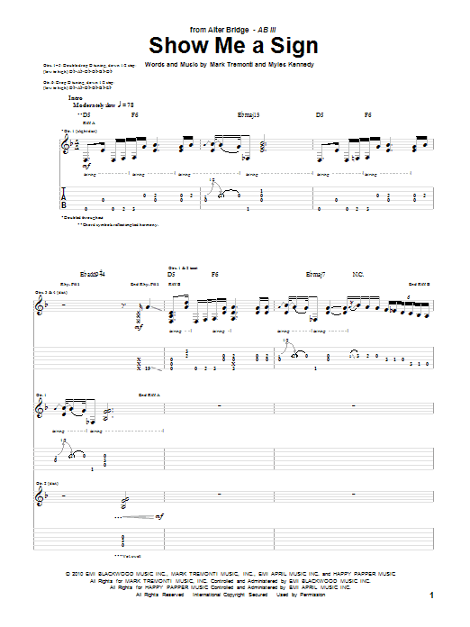 Download Alter Bridge Show Me A Sign Sheet Music and learn how to play Guitar Tab PDF digital score in minutes