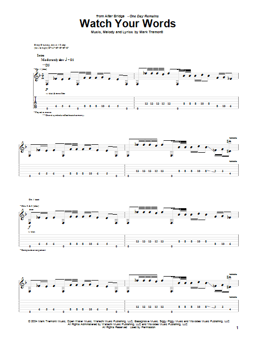 Download Alter Bridge Watch Your Words Sheet Music and learn how to play Guitar Tab PDF digital score in minutes