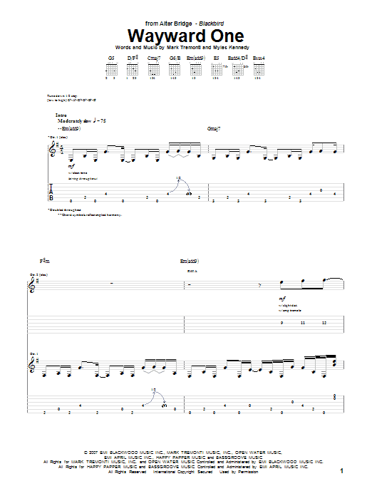 Download Alter Bridge Wayward One Sheet Music and learn how to play Guitar Tab PDF digital score in minutes