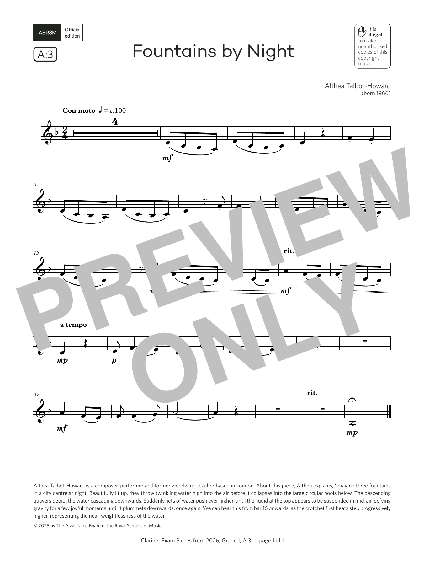 Download Althea Talbot-Howard Fountains by Night (Grade 1, list A3, from the ABRSM Clarinet Syllabus from 2026 Sheet Music and learn how to play Clarinet Solo PDF digital score in minutes
