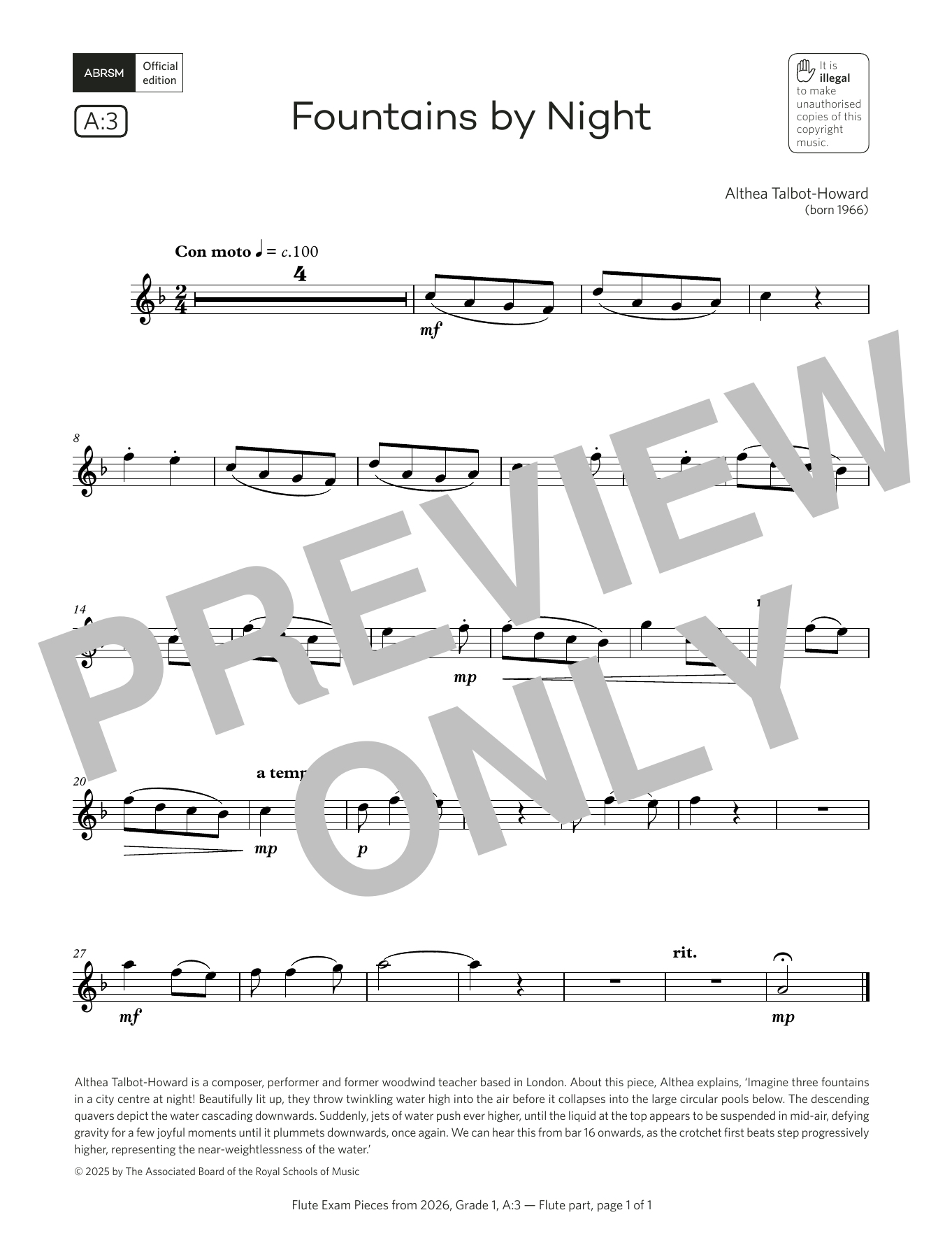 Download Althea Talbot-Howard Fountains by Night (Grade 1, list A3, from the ABRSM Flute Syllabus from 2026) Sheet Music and learn how to play Flute Solo PDF digital score in minutes