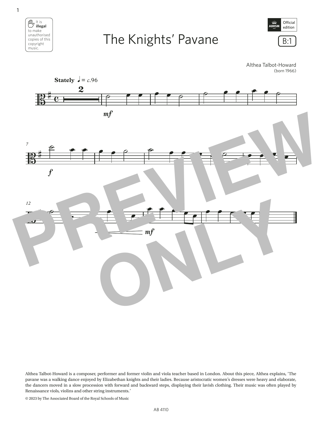 Download Althea Talbot-Howard The Knights' Pavane (Grade Initial, B1, from the ABRSM Viola Syllabus from 2024) Sheet Music and learn how to play Viola Solo PDF digital score in minutes