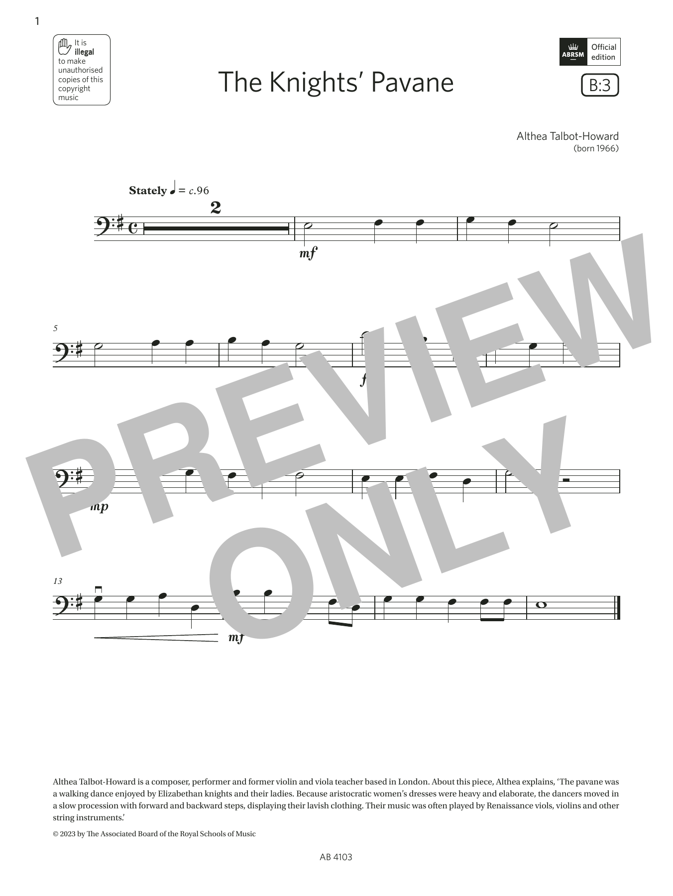 Download Althea Talbot-Howard The Knights' Pavane (Grade Initial, B3, from the ABRSM Cello Syllabus from 2024) Sheet Music and learn how to play Cello Solo PDF digital score in minutes