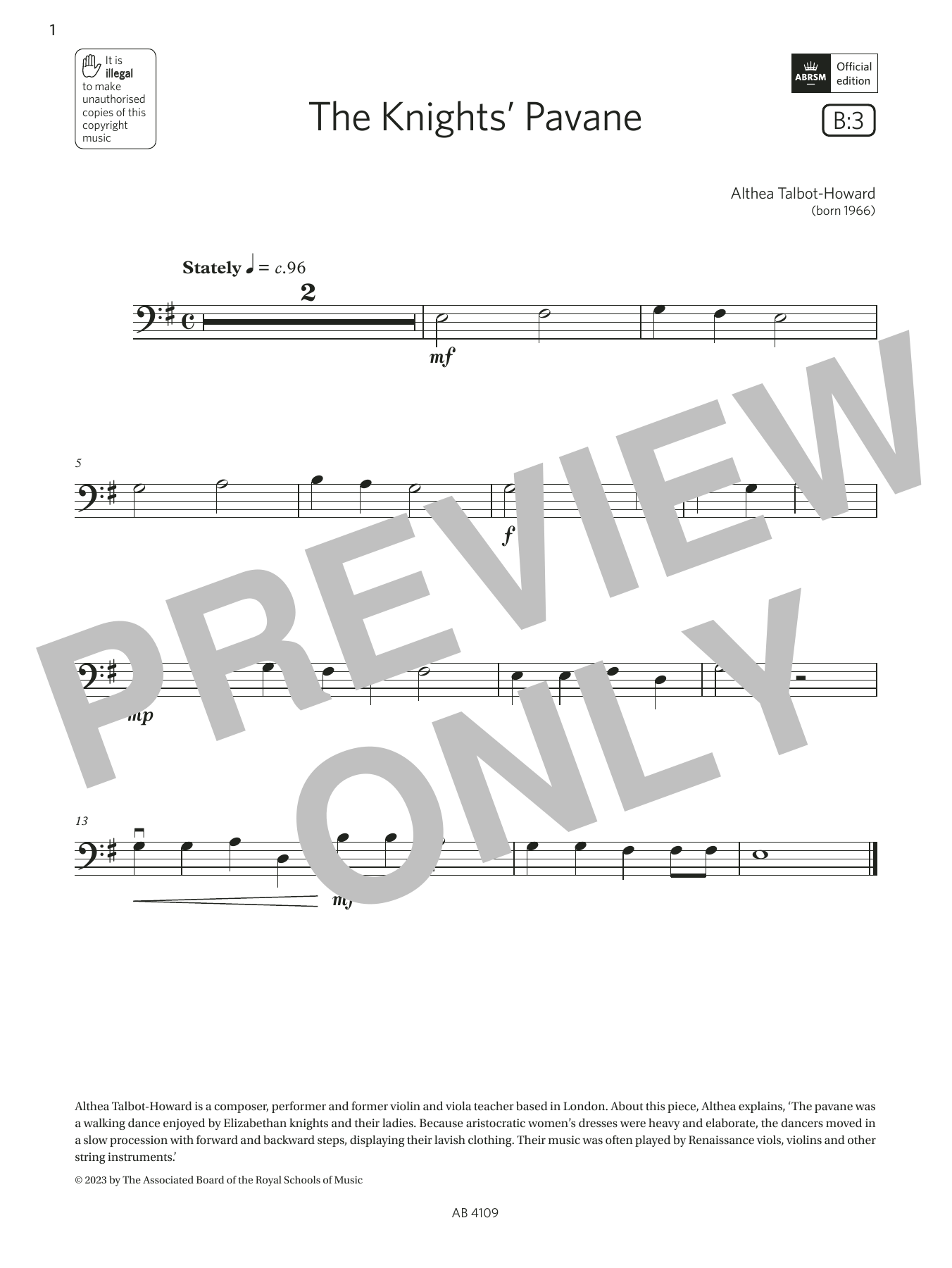 Download Althea Talbot-Howard The Knights' Pavane (Grade Initial, B3, from the ABRSM Double Bass Syllabus from Sheet Music and learn how to play String Bass Solo PDF digital score in minutes