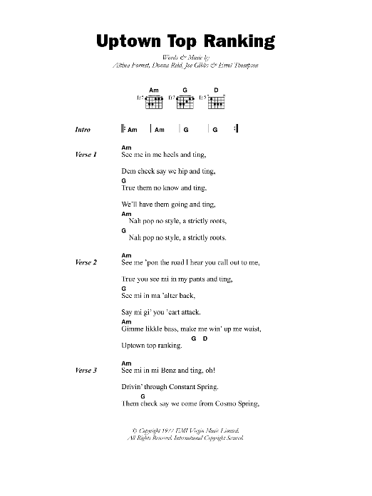 Download Althia & Donna Uptown Top Ranking Sheet Music and learn how to play Lyrics & Chords PDF digital score in minutes