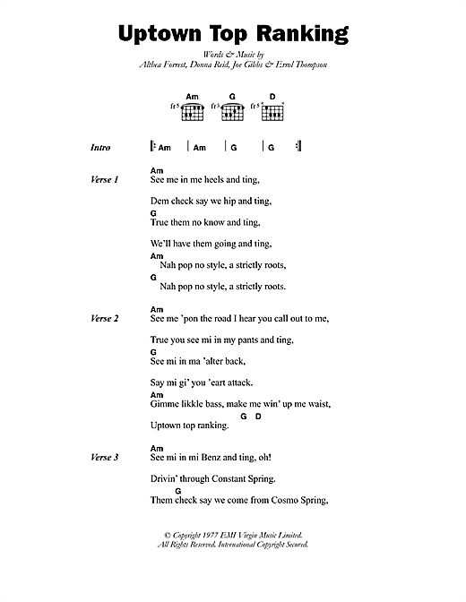 Download Althia & Donna Uptown Top Ranking Sheet Music and learn how to play Lyrics & Chords PDF digital score in minutes