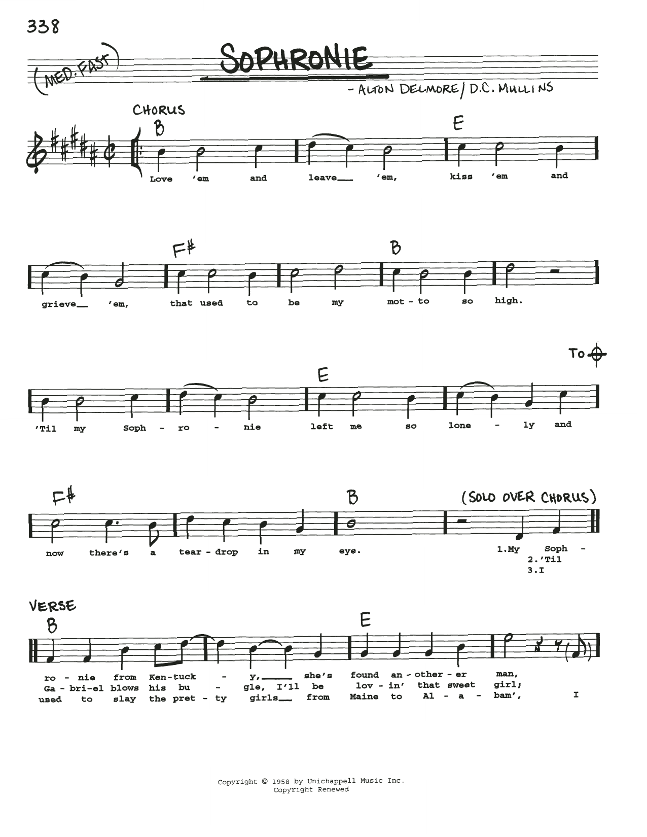 Download Alton Delmore Sophronie Sheet Music and learn how to play Real Book – Melody, Lyrics & Chords PDF digital score in minutes