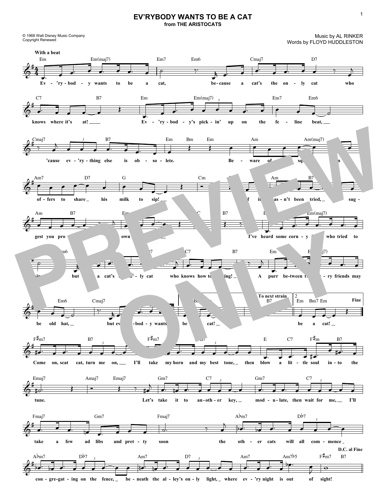 Download Al Rinker Ev'rybody Wants To Be A Cat Sheet Music and learn how to play Melody Line, Lyrics & Chords PDF digital score in minutes