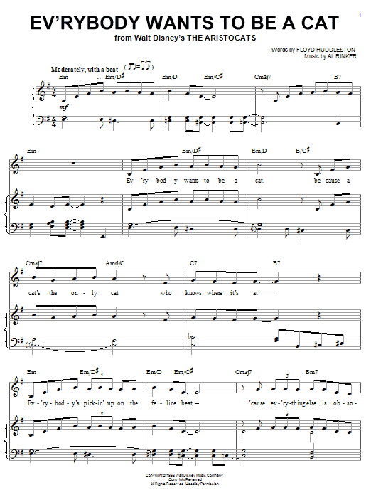 Download Al Rinker Ev'rybody Wants To Be A Cat (from Walt Disney's The Aristocats) Sheet Music and learn how to play Piano, Vocal & Guitar (Right-Hand Melody) PDF digital score in minutes