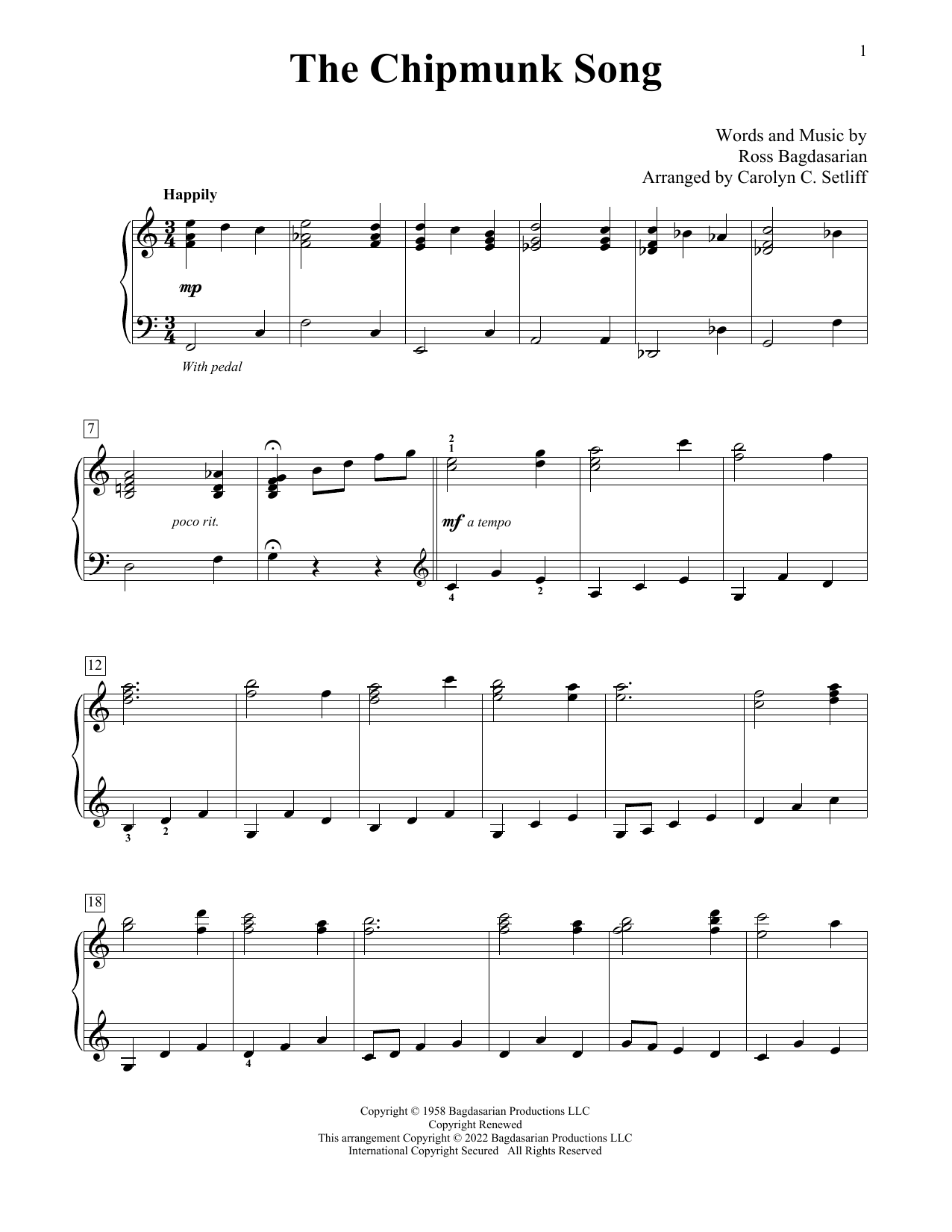 Download Alvin And The Chipmunks The Chipmunk Song (arr. Carolyn C. Setliff) Sheet Music and learn how to play Educational Piano PDF digital score in minutes