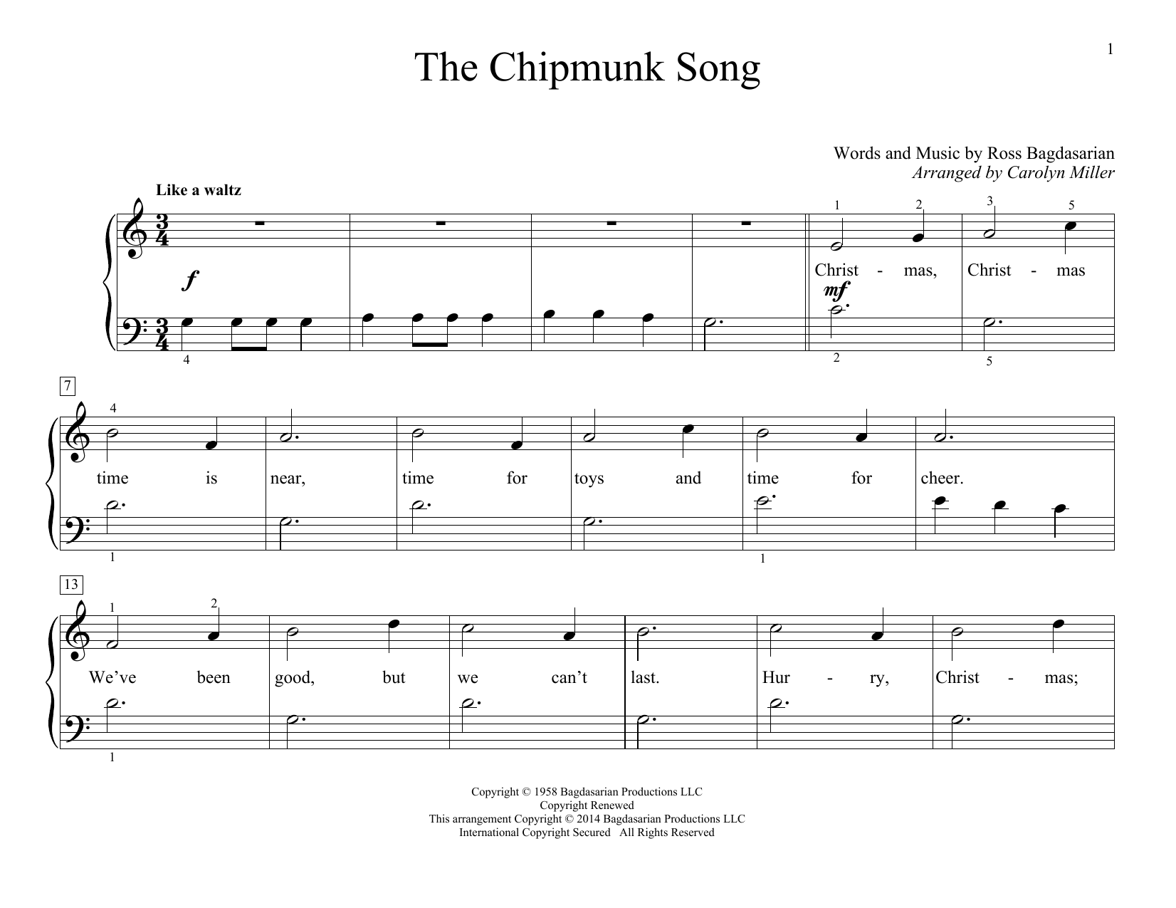 Download Carolyn Miller The Chipmunk Song Sheet Music and learn how to play Educational Piano PDF digital score in minutes