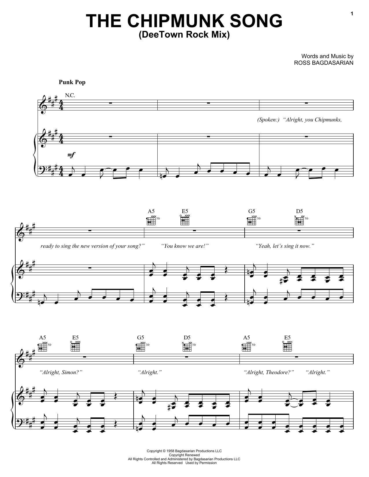 Download Alvin And The Chipmunks The Chipmunk Song (DeeTown Rock Mix) Sheet Music and learn how to play Piano, Vocal & Guitar (Right-Hand Melody) PDF digital score in minutes