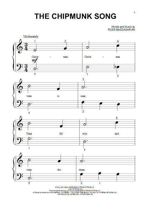 Download Alvin And The Chipmunks The Chipmunk Song Sheet Music and learn how to play Piano (Big Notes) PDF digital score in minutes