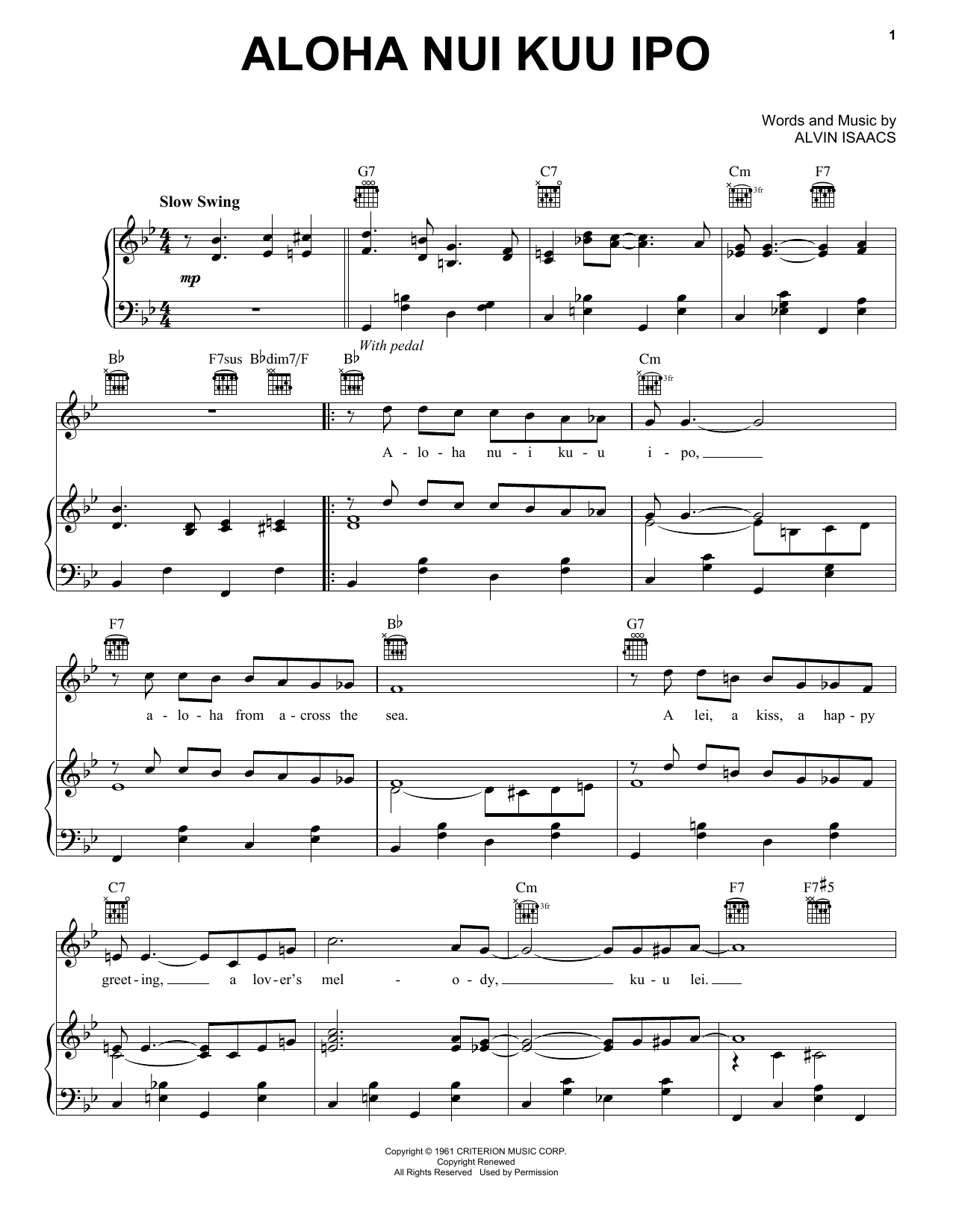 Download Alvin Isaacs Aloha Nui Kuu Ipo Sheet Music and learn how to play Piano, Vocal & Guitar (Right-Hand Melody) PDF digital score in minutes