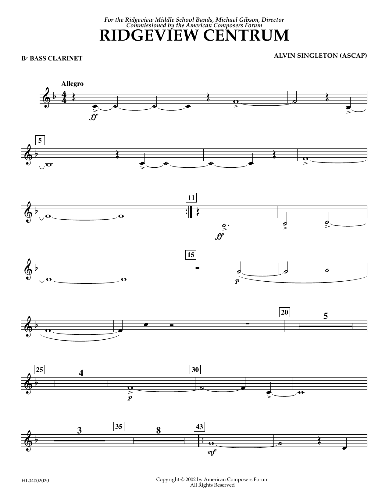 Download Alvin Singleton Ridgeview Centrum - Bb Bass Clarinet Sheet Music and learn how to play Concert Band PDF digital score in minutes