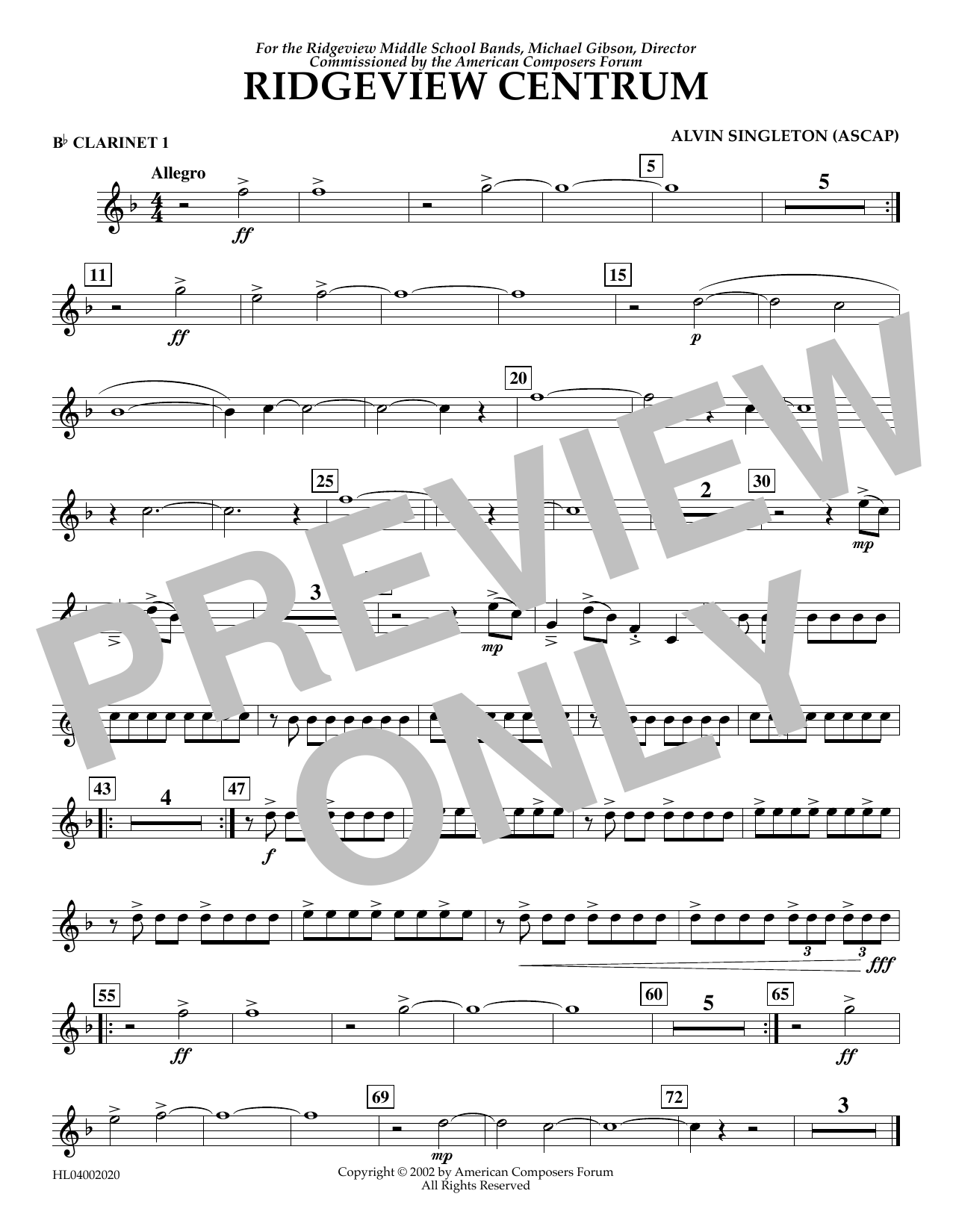 Download Alvin Singleton Ridgeview Centrum - Bb Clarinet 1 Sheet Music and learn how to play Concert Band PDF digital score in minutes