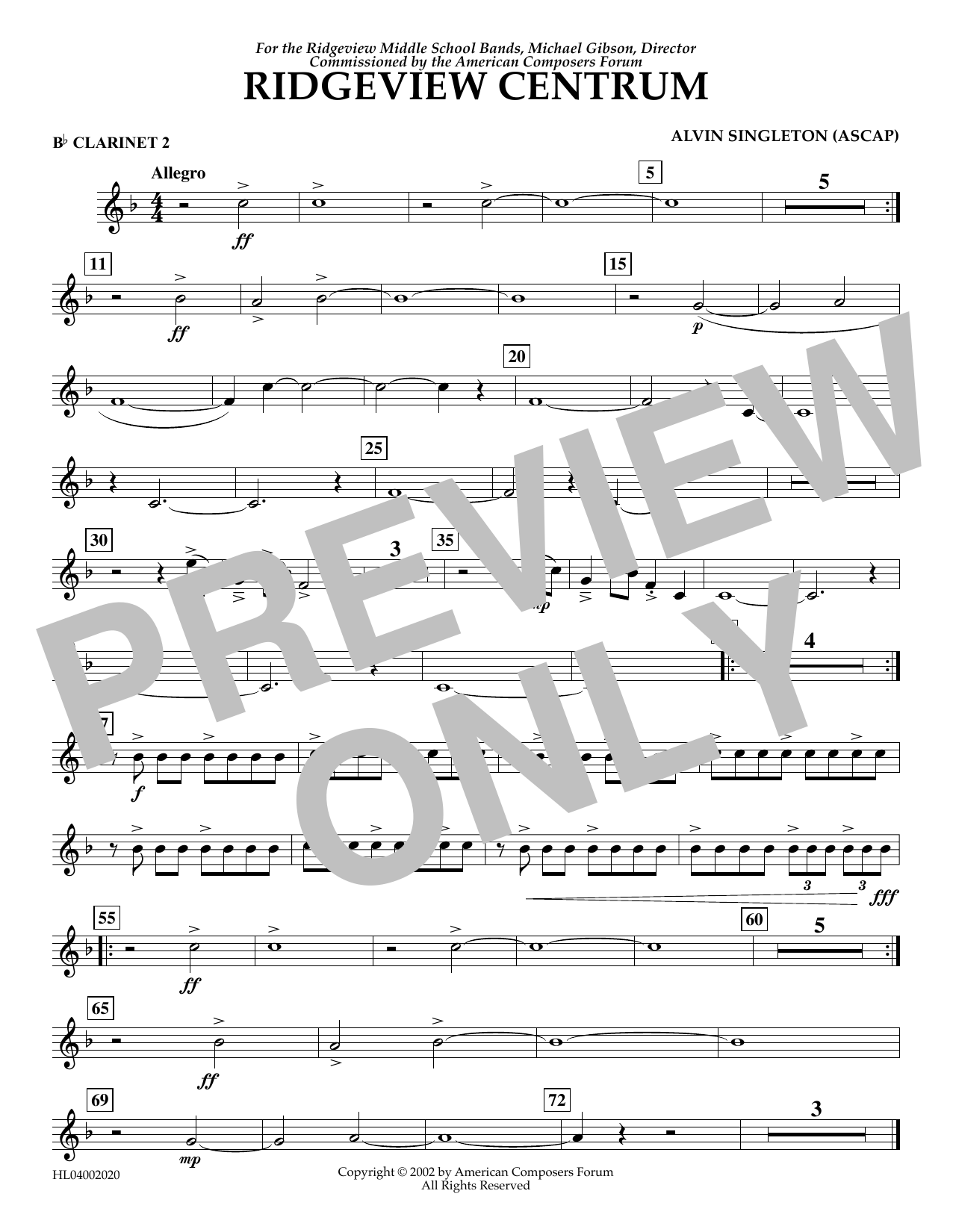Download Alvin Singleton Ridgeview Centrum - Bb Clarinet 2 Sheet Music and learn how to play Concert Band PDF digital score in minutes