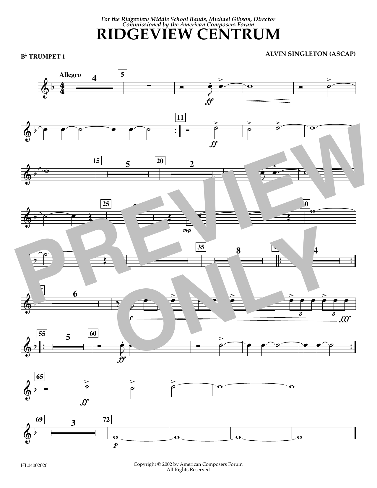 Download Alvin Singleton Ridgeview Centrum - Bb Trumpet 1 Sheet Music and learn how to play Concert Band PDF digital score in minutes