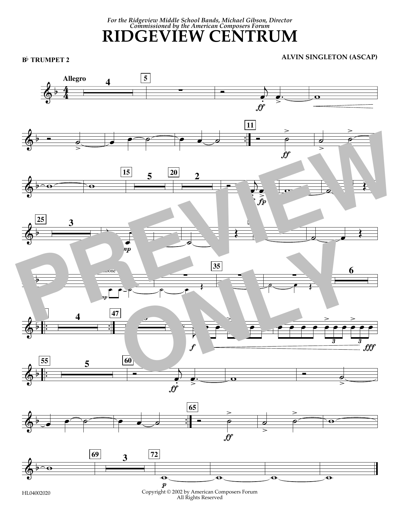 Download Alvin Singleton Ridgeview Centrum - Bb Trumpet 2 Sheet Music and learn how to play Concert Band PDF digital score in minutes