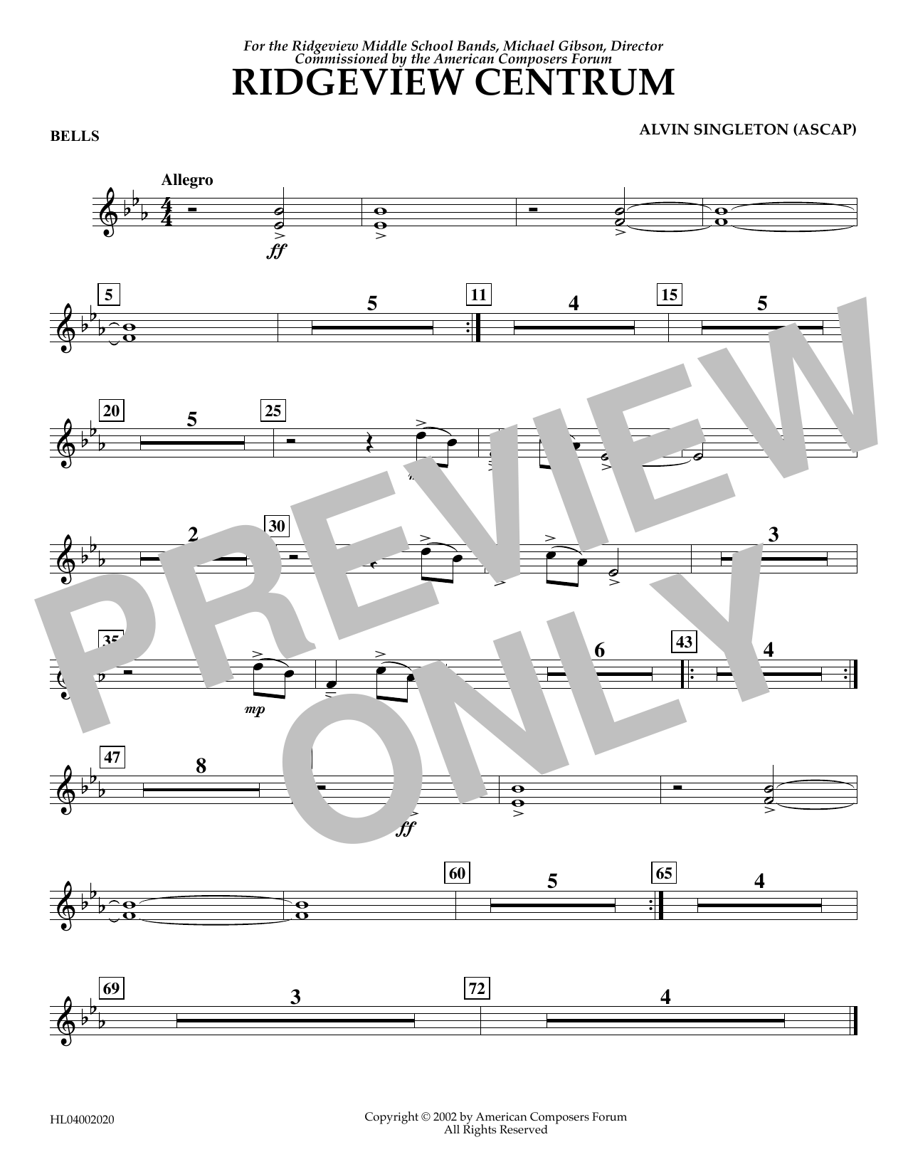 Download Alvin Singleton Ridgeview Centrum - Bells Sheet Music and learn how to play Concert Band PDF digital score in minutes