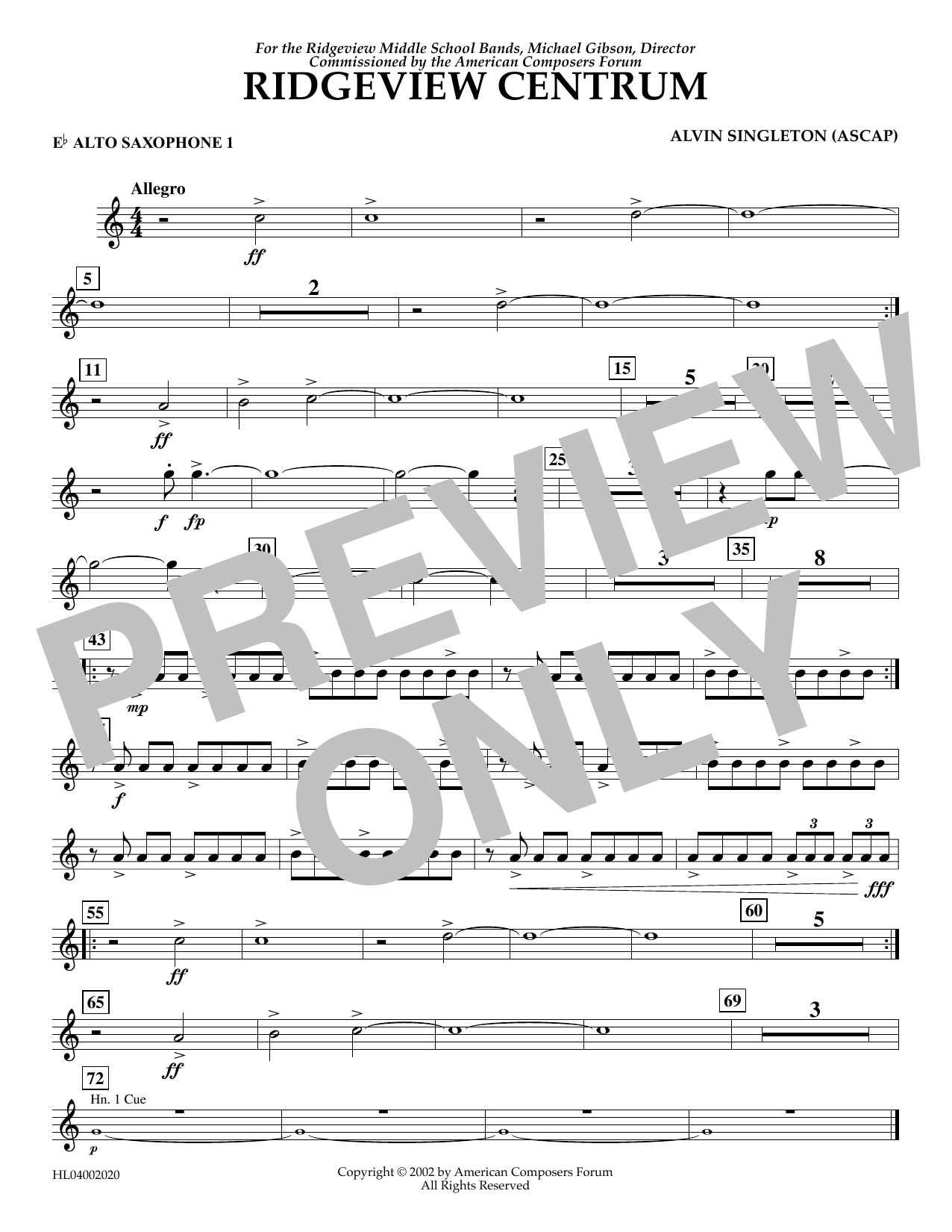 Download Alvin Singleton Ridgeview Centrum - Eb Alto Sax 1 Sheet Music and learn how to play Concert Band PDF digital score in minutes