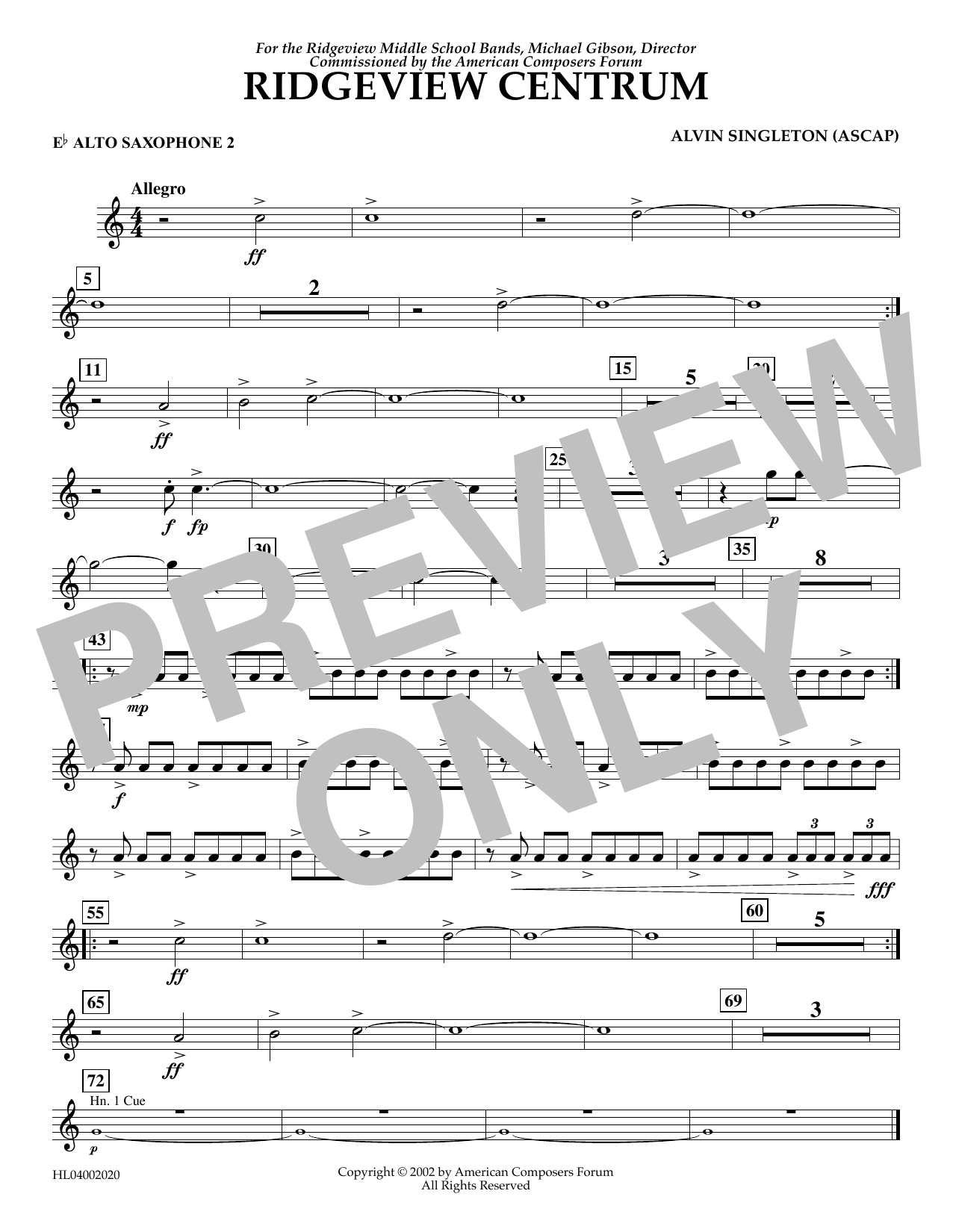 Download Alvin Singleton Ridgeview Centrum - Eb Alto Sax 2 Sheet Music and learn how to play Concert Band PDF digital score in minutes